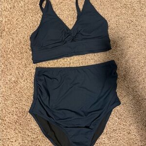 Ribbed Two-Piece Maternity Bikini Set in Dark Navy